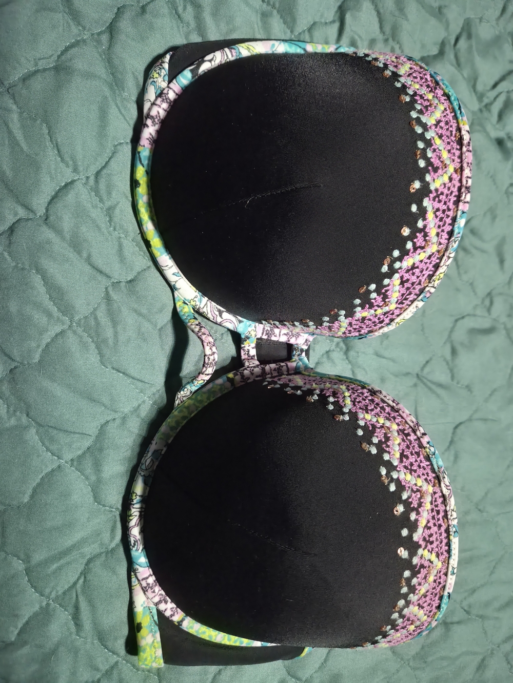 Victoria's Secret Black Push-Up Bra with Pink & Teal Floral Trim 36DD